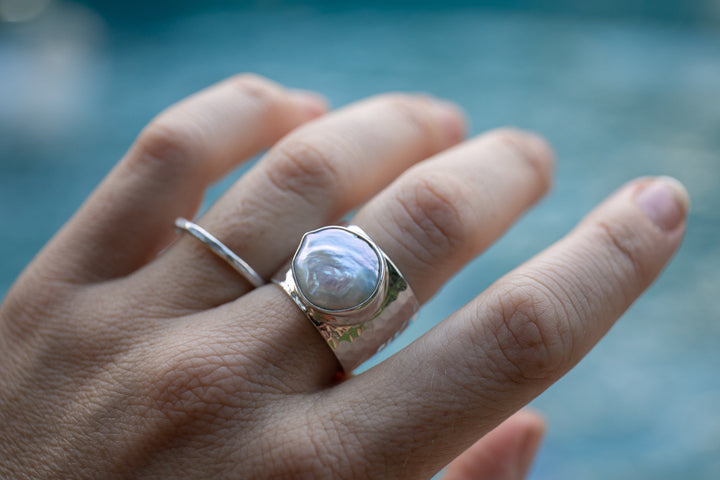 Gorgeous Fresh Water Pearl Ring set in Thick Beaten Sterling Silver - Size 9 US
