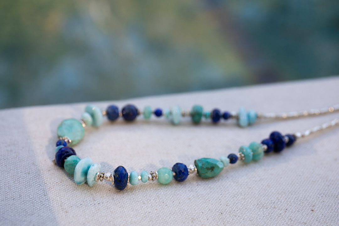 Beaded Handmade Larimar, Amazonite, Turquoise and Lapis Necklace with Thai Hill Tribe Silver - Mixed Gemstone Jewelry - Multi Stone Necklace