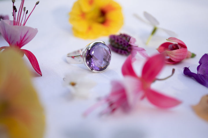 Round Faceted Amethyst Ring in Sterling Silver Setting - Size 10 US