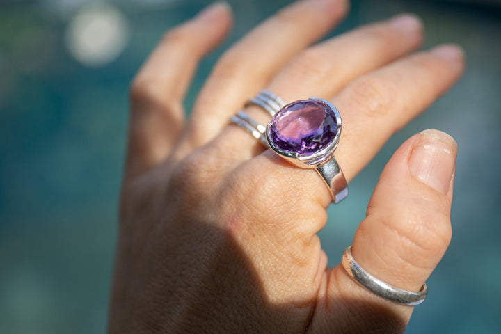 Round Faceted Amethyst Ring in Sterling Silver Setting - Size 10 US