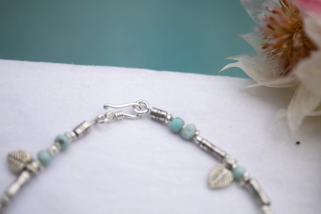 Sweet Handmade Beaded Larimar Anklet with Thai Hill Tribe Silver and Charms - Dolphin Stone Jewellery - Gemstone