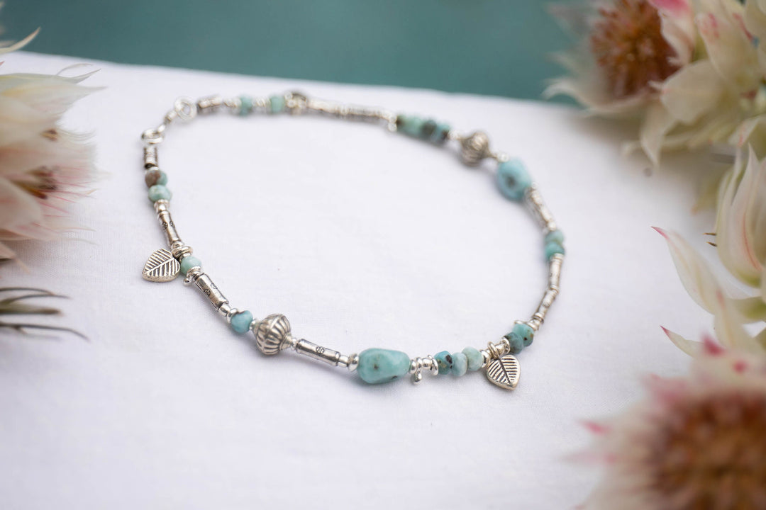 Sweet Handmade Beaded Larimar Anklet with Thai Hill Tribe Silver and Charms - Dolphin Stone Jewellery - Gemstone