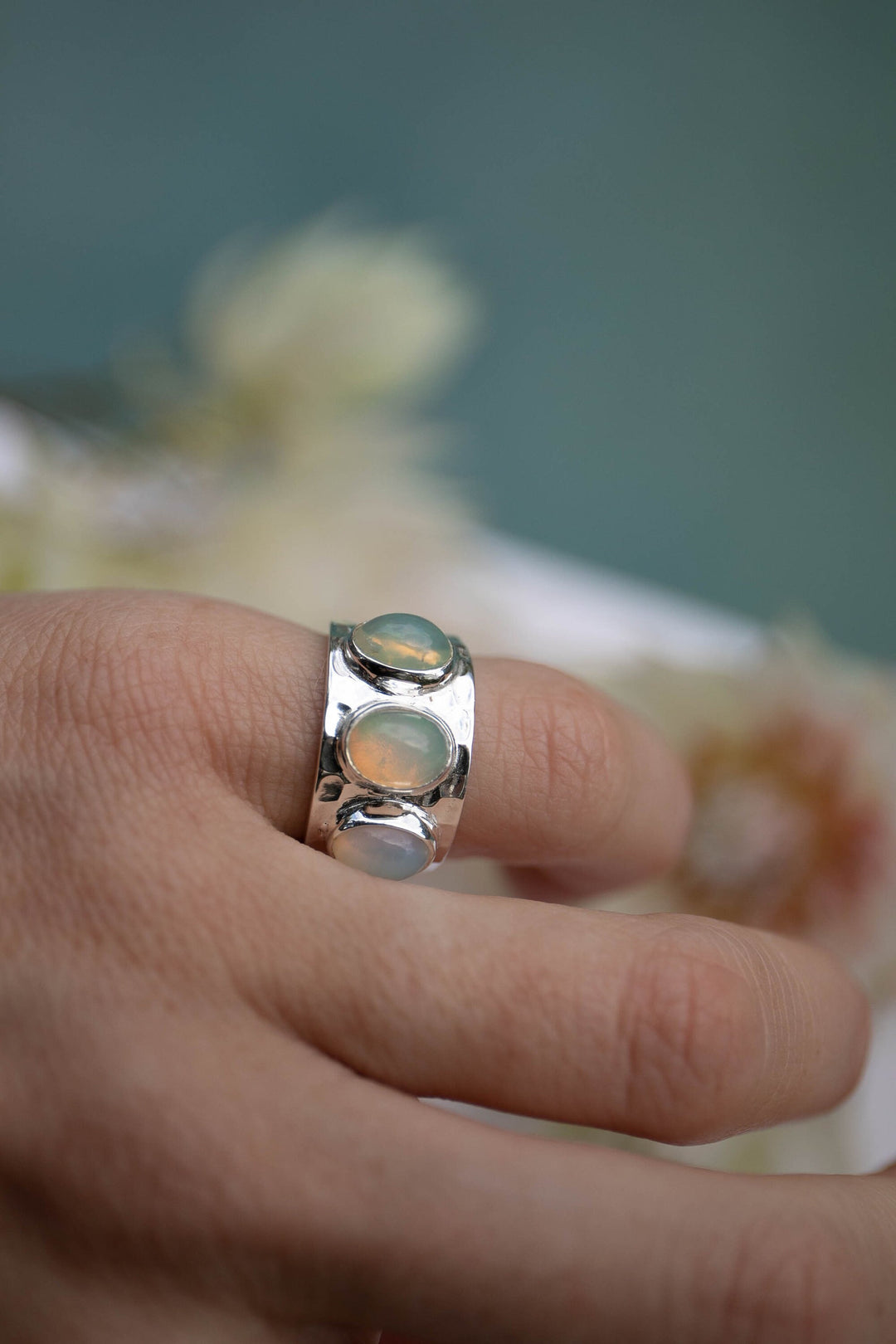 Triple Ethiopian Opal Ring set in Beaten Sterling Silver - Size 9 US