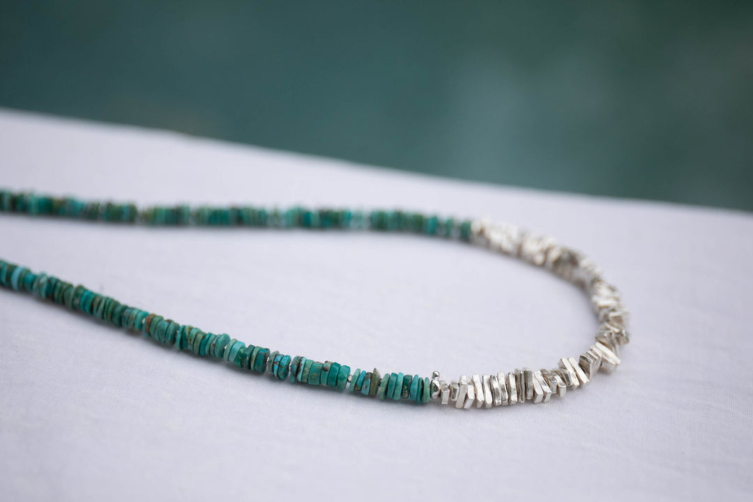 Natural Turquoise Necklace with Thai Hill Tribe and Sterling Silver Beads
