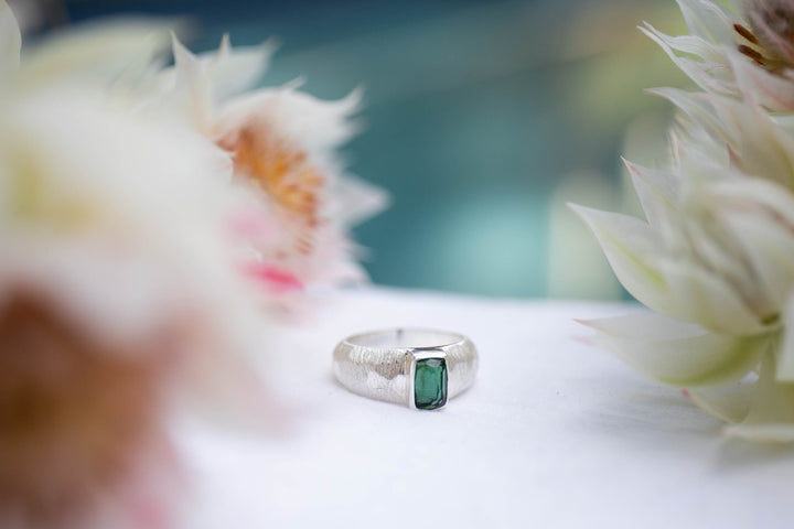 High Quality Green Tourmaline Ring set in Brushed Sterling Silver - Size 6.5 US