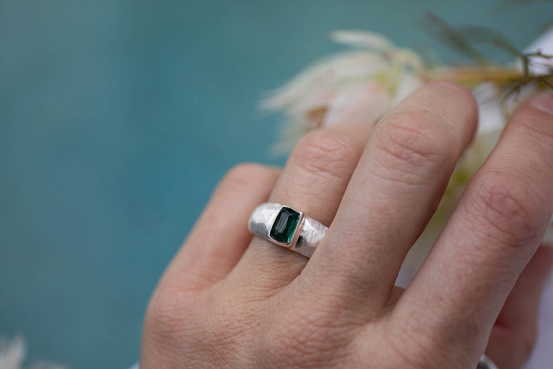 High Quality Green Tourmaline Ring set in Brushed Sterling Silver - Size 6.5 US