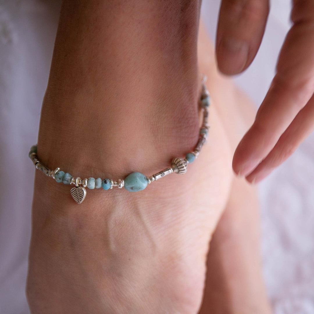 Sweet Handmade Beaded Larimar Anklet with Thai Hill Tribe Silver and Charms - Dolphin Stone Jewellery - Gemstone