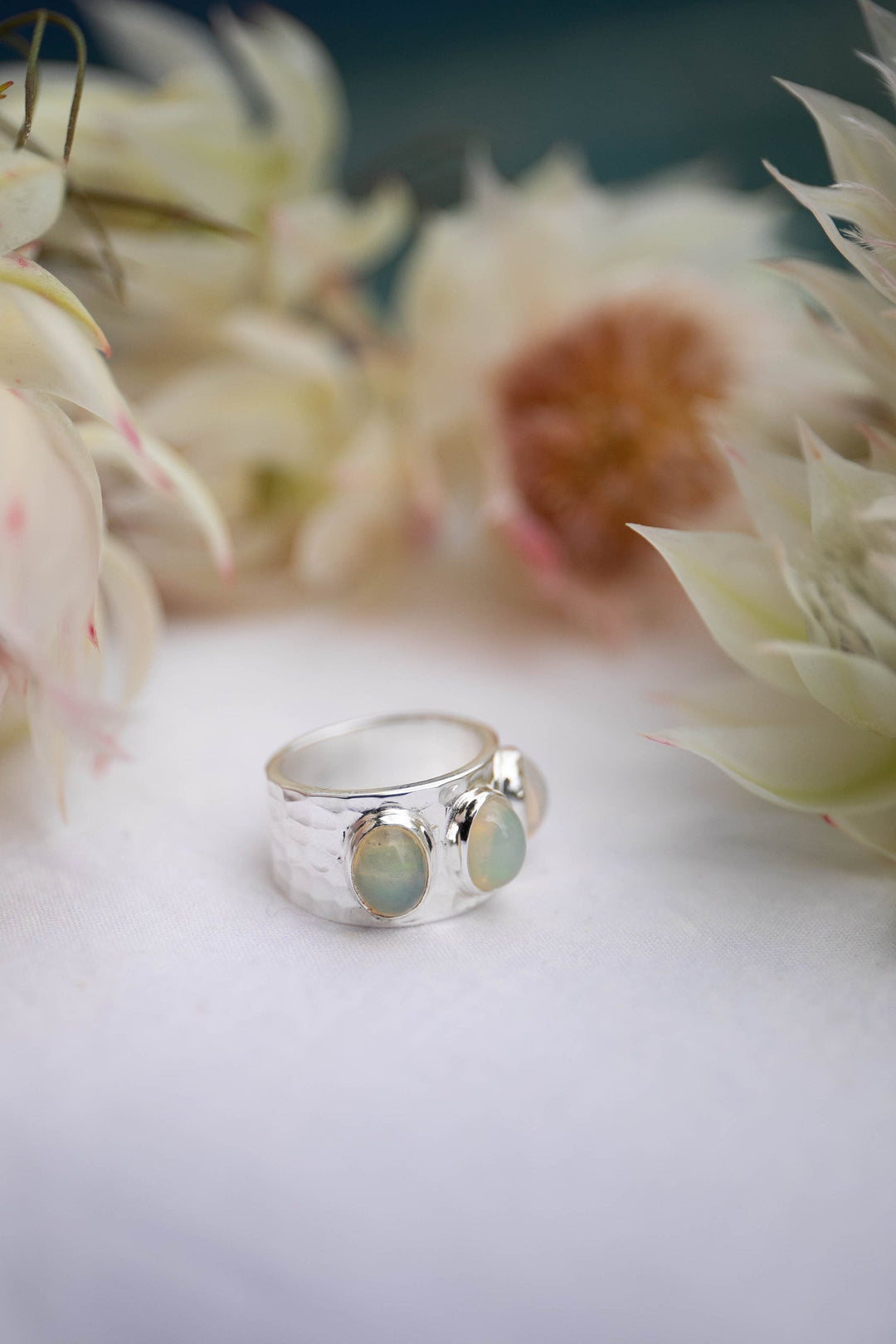 Reserved for MIMI** Triple Ethiopian Opal Ring set in Beaten Sterling Silver - Size 9 US