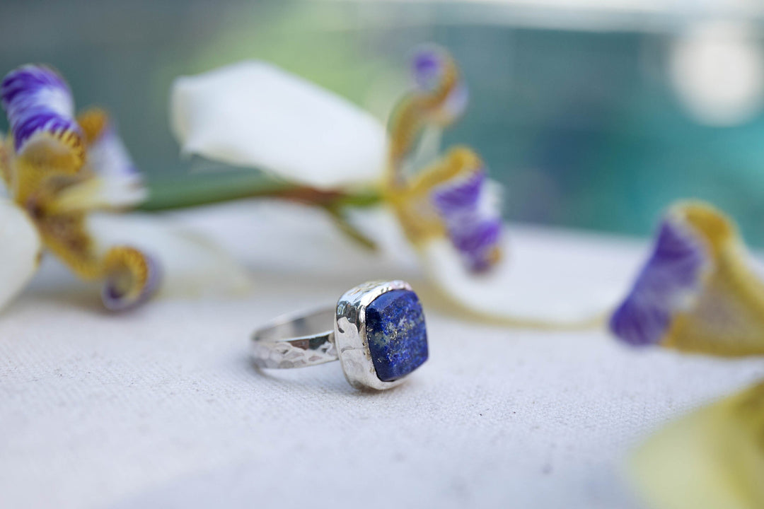 Raw Lapis Lazuli Ring in Sterling Silver Thick Band - Size 7.5 US