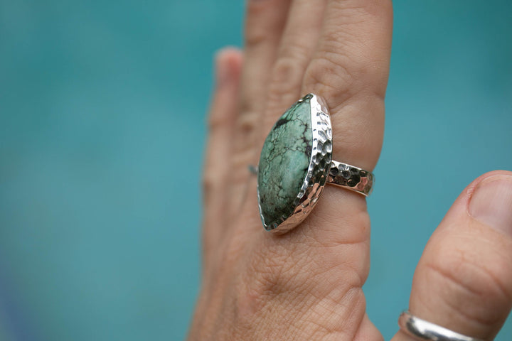 Genuine Turquoise Ring in Sterling Silver Setting with Beaten Band - Size 7.5 US