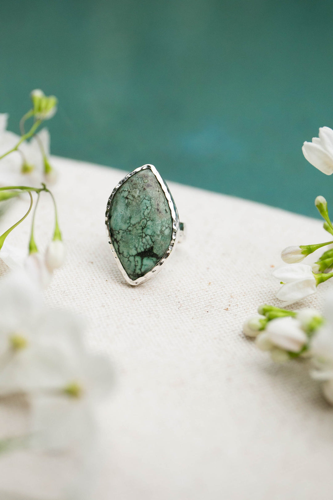 Genuine Turquoise Ring in Sterling Silver Setting with Beaten Band - Size 7.5 US