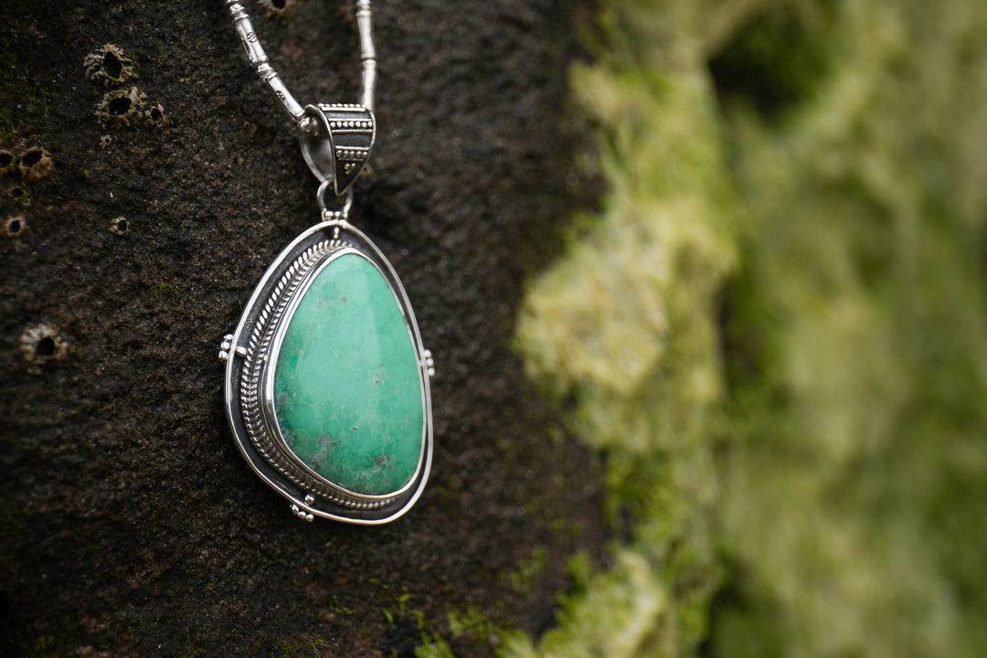 Variscite Pendant set in Tribal Sterling Silver on Thai Hill Tribe Silver Chain