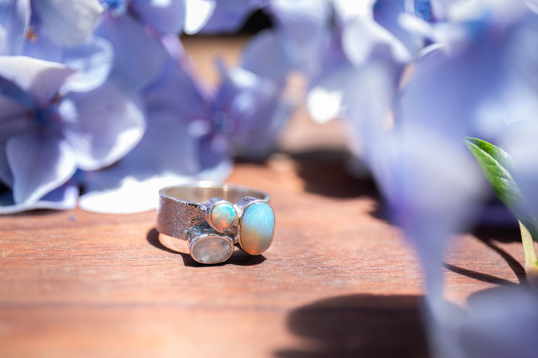 Genuine Australian Opal and Rainbow Moonstone Ring set in Sterling Silver Band - Size 9 US