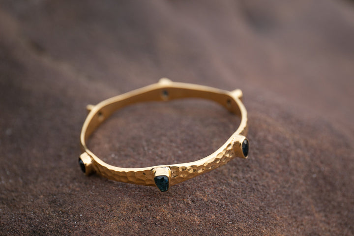 Blue Rose Cut Indicolite Tourmaline Bangle in Beaten 14k Gold Plated Sterling Silver