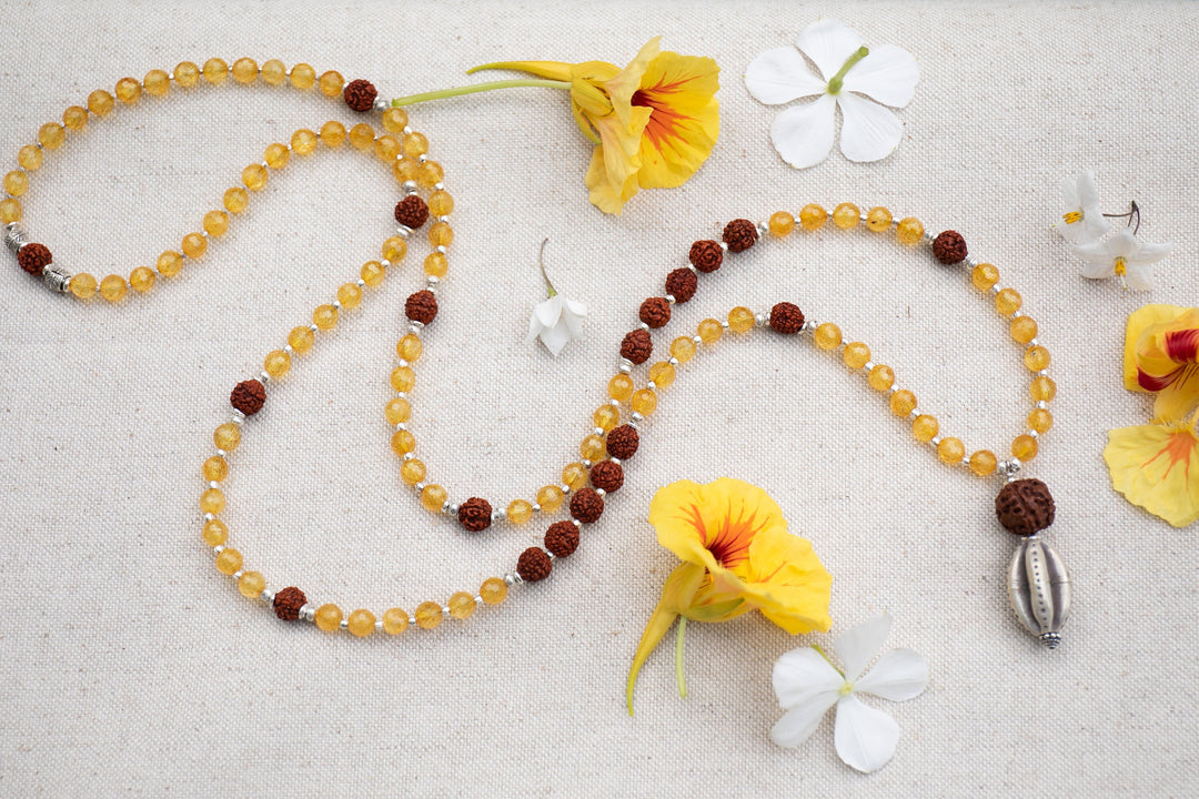 Citrine, Sacred Rudraksha and Pure Thai Hill Tribe Silver Mala Necklace