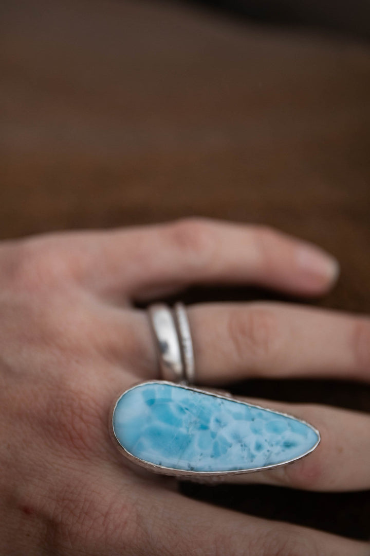 High Grade Larimar or Pectolite Ring set in Hammered Sterling Silver with Adjustable Band