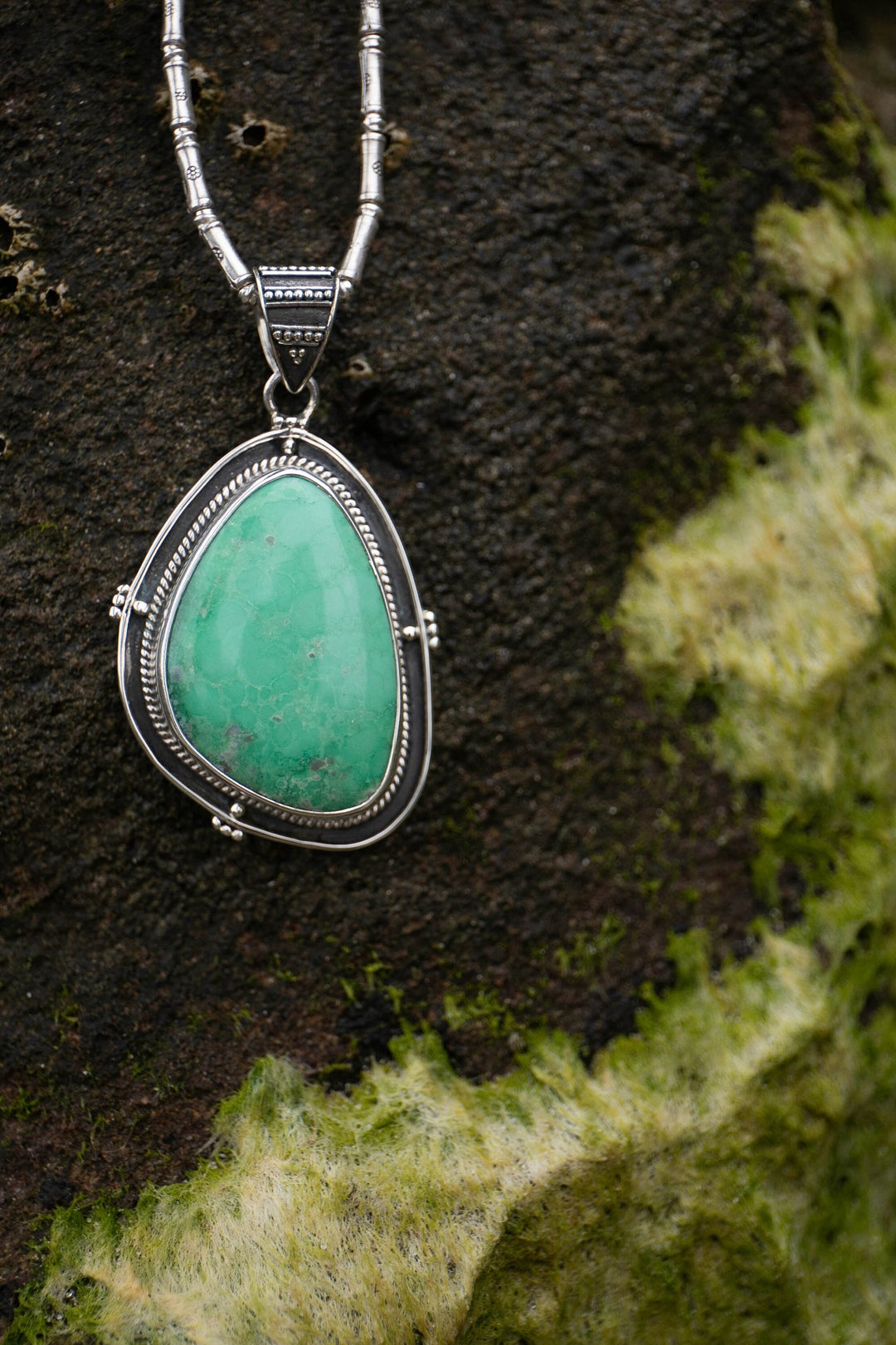 Variscite Pendant set in Tribal Sterling Silver on Thai Hill Tribe Silver Chain
