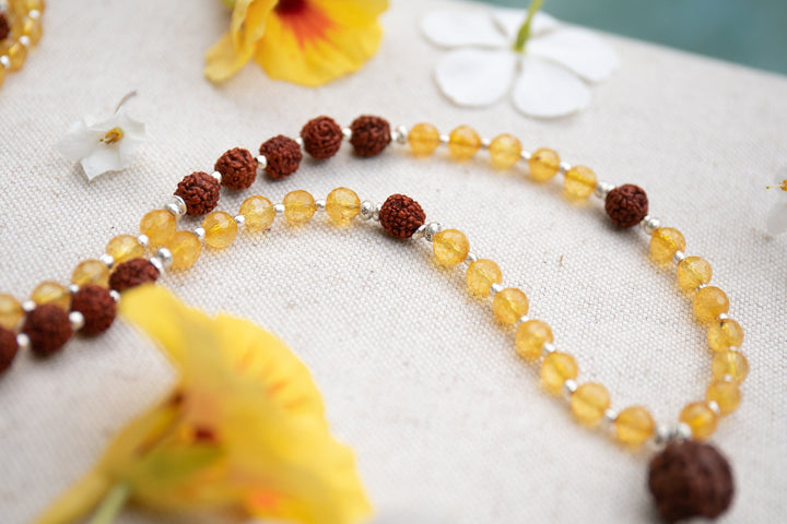Citrine, Sacred Rudraksha and Pure Thai Hill Tribe Silver Mala Necklace