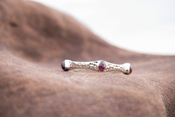 Rose Cut Faceted Garnet Bangle with Beaten 92.5% Sterling Silver