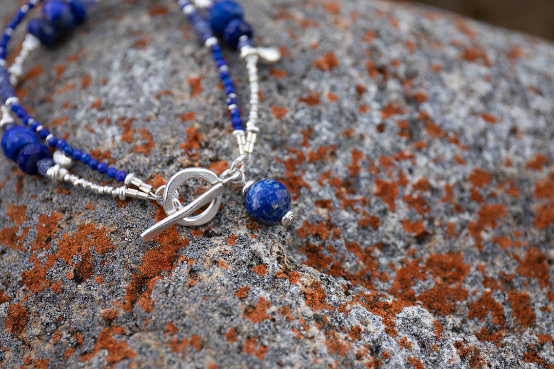 Lapis + Tanzanite Double Strand with Thai Hill Tribe Silver Beads + Crescent Moons