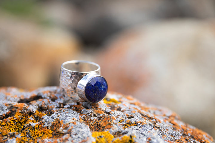 Lapis Lazuli Ring in Thick Beaten Sterling Silver Band - Size 7 US
