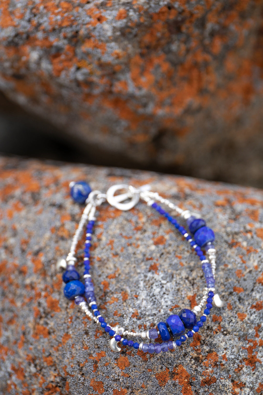 Lapis + Tanzanite Double Strand with Thai Hill Tribe Silver Beads + Crescent Moons