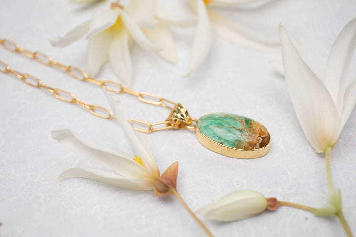 Variscite Pendant in Beaten Gold Plated Sterling Silver with Gold Link Chain