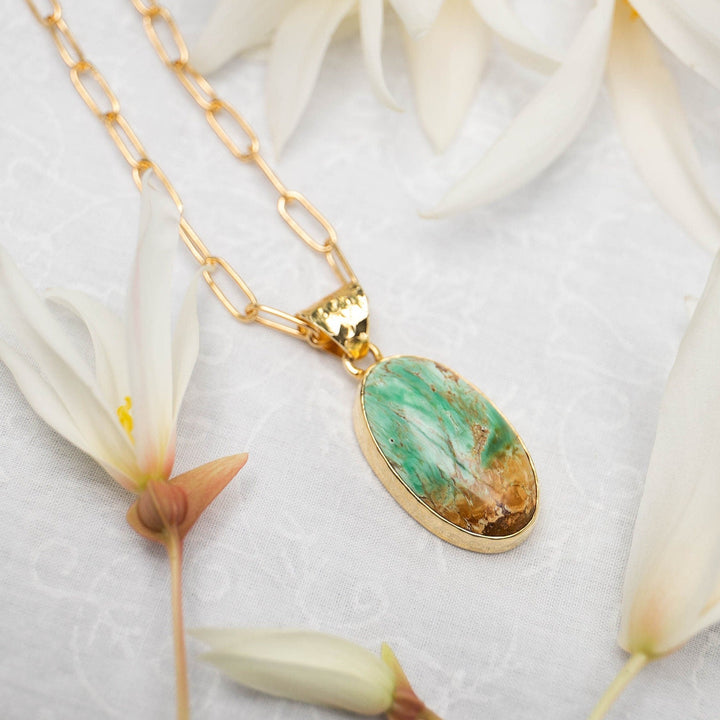 Variscite Pendant in Beaten Gold Plated Sterling Silver with Gold Link Chain