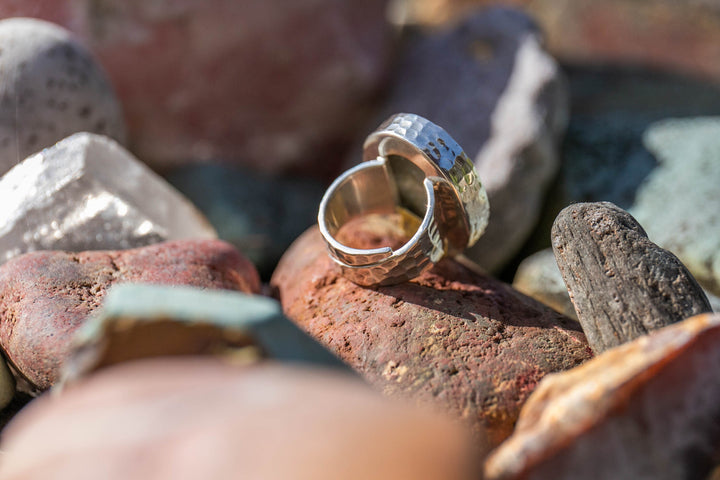 Faceted Ocean Jasper Ring with Adjustable Band set in Beaten Sterling Silver