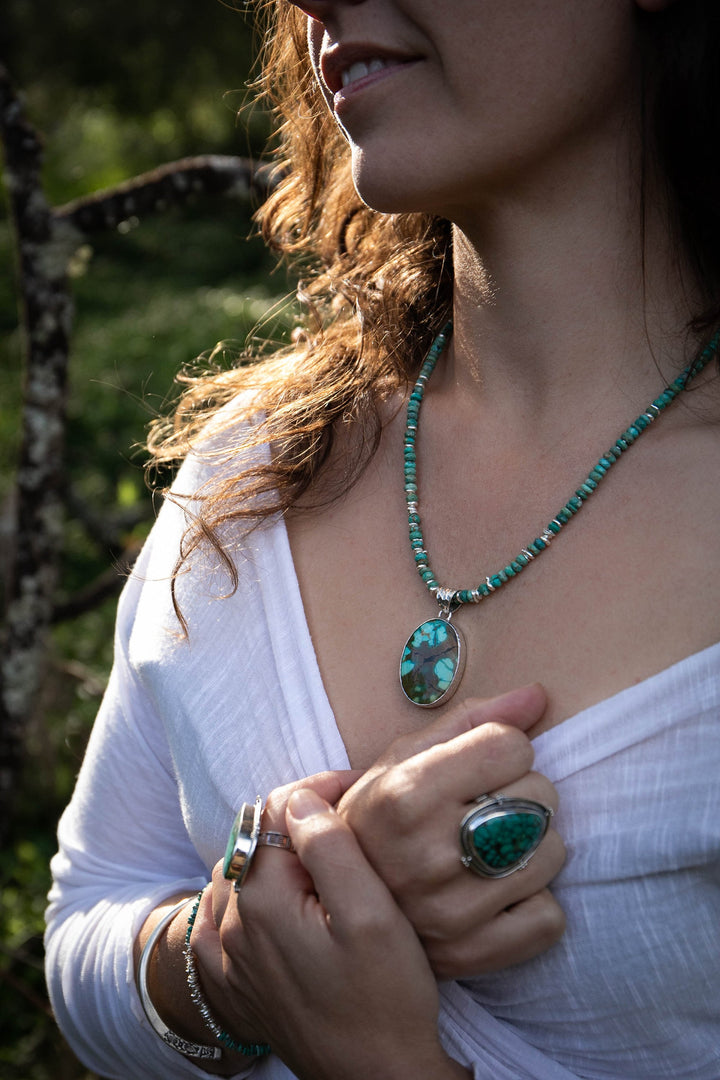 Natural Turquoise Pendant set in Beaten Sterling Silver on Handmade Turquoise Beaded Chain