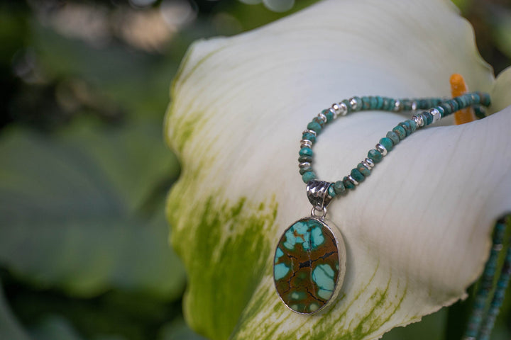 Natural Turquoise Pendant set in Beaten Sterling Silver on Handmade Turquoise Beaded Chain
