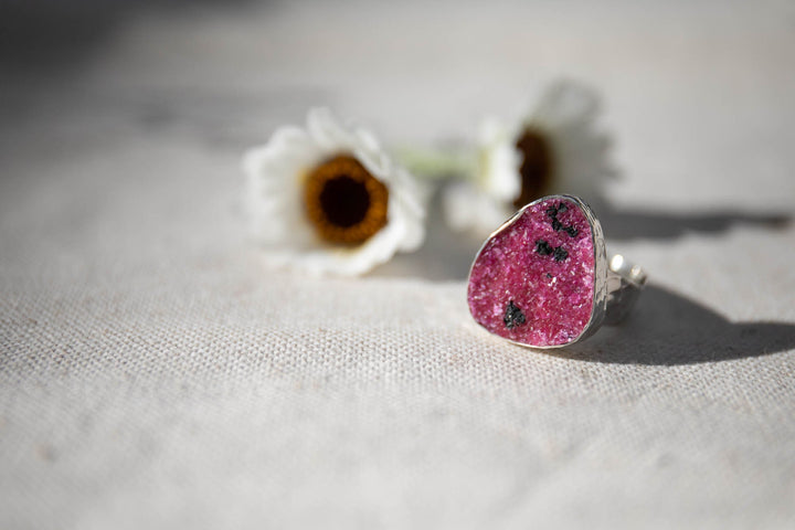 Raw Pink Cobalto Calcite Ring set in Beaten Sterling Silver with Adjustable Band