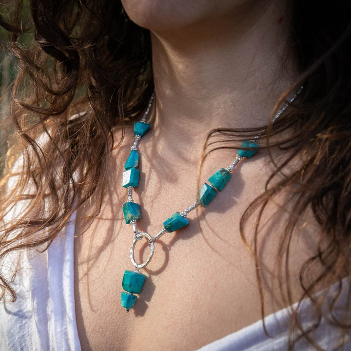 Chrysocolla Beaded Necklace with Thai Hill Tribe Silver