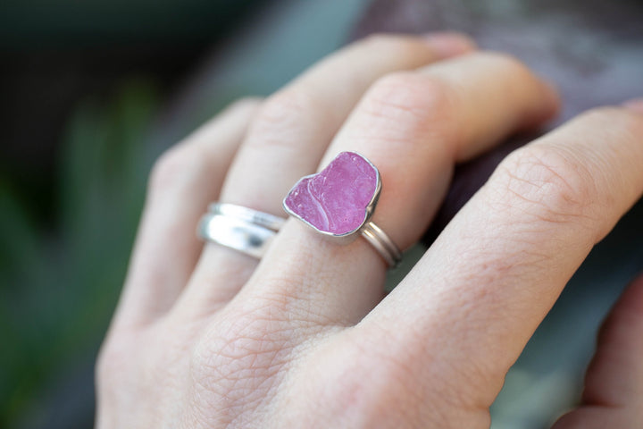 Raw Ruby Ring with Beaten Sterling Silver Setting - Size 7 US