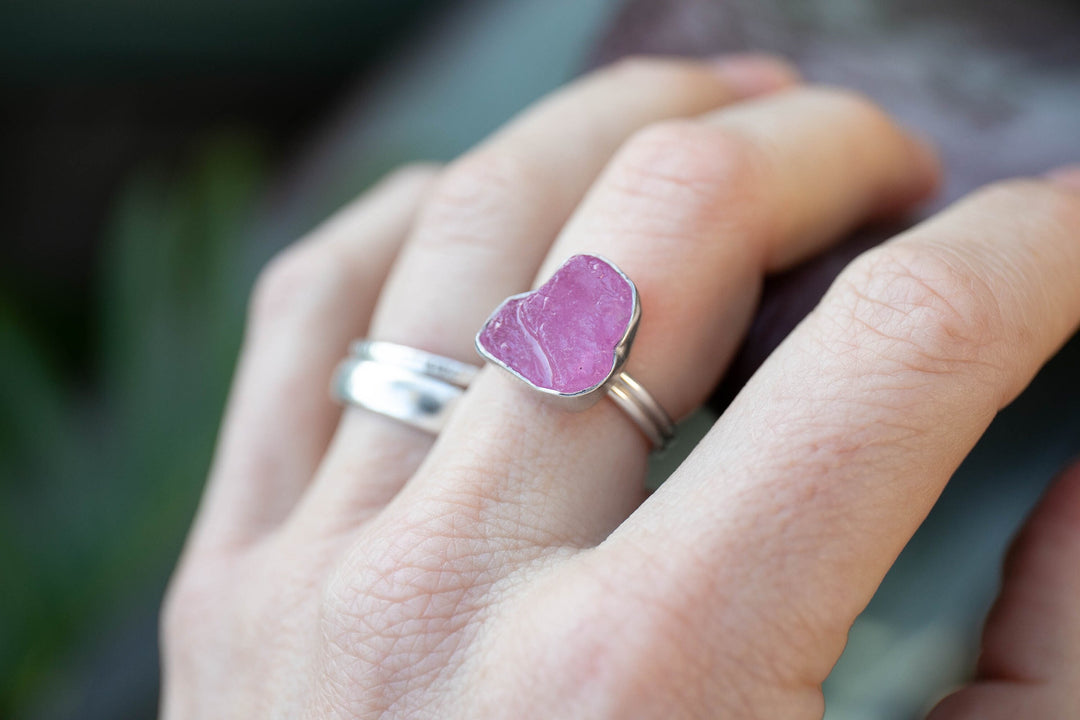 Raw Ruby Ring with Beaten Sterling Silver Setting - Size 7 US