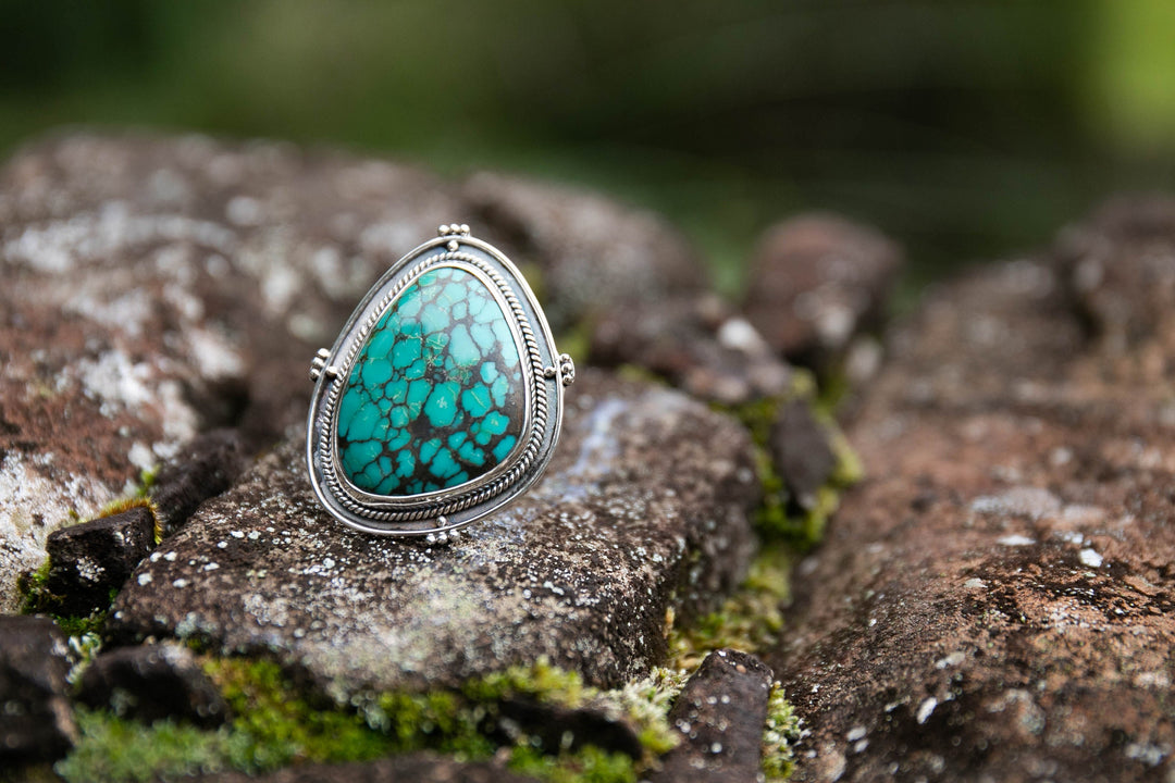 Genuine Turquoise Ring set in Tribal Sterling Silver - Size 8 US