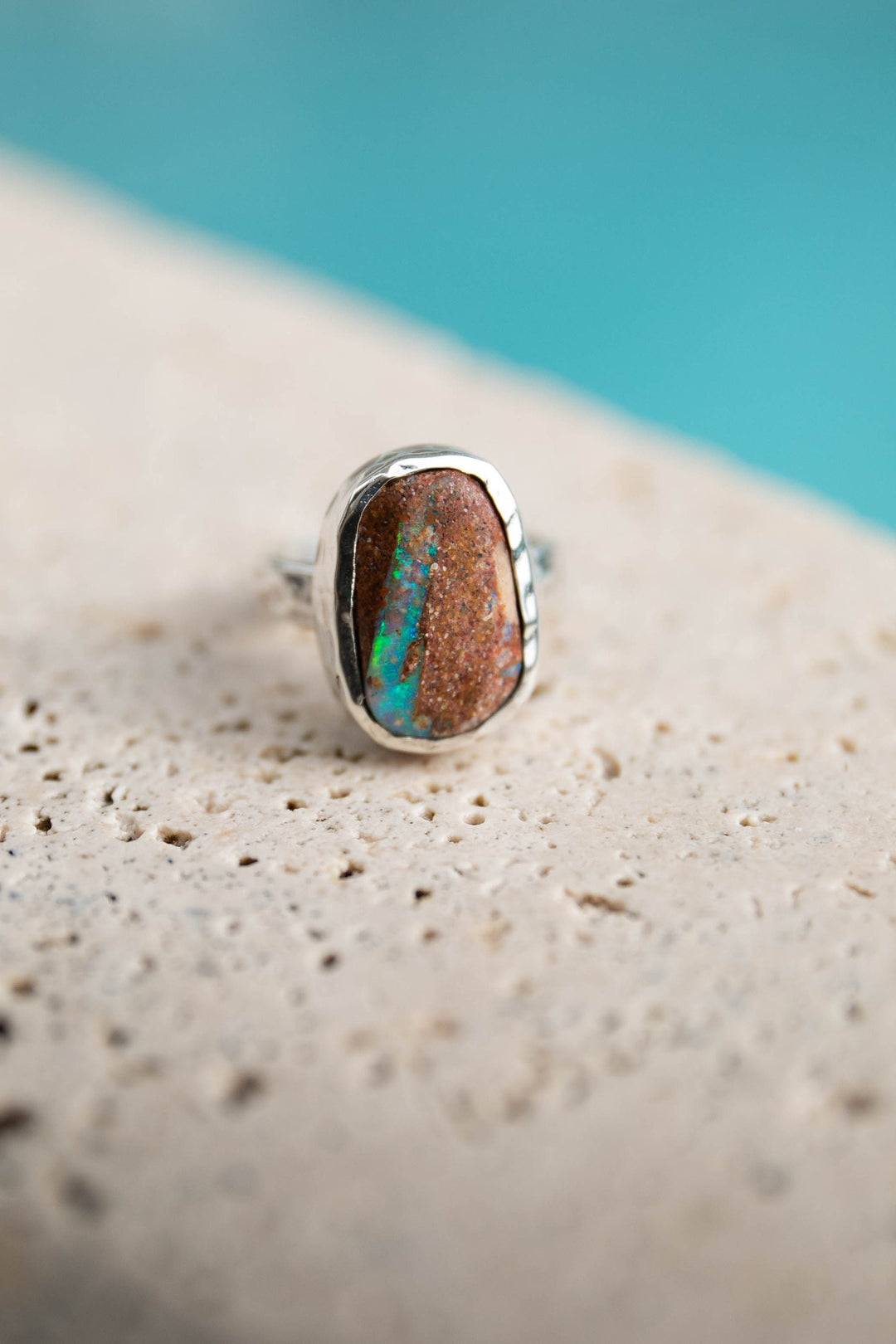 Genuine Australian Boulder Opal in Beaten Sterling Silver Style Setting  - Size 7.5 US