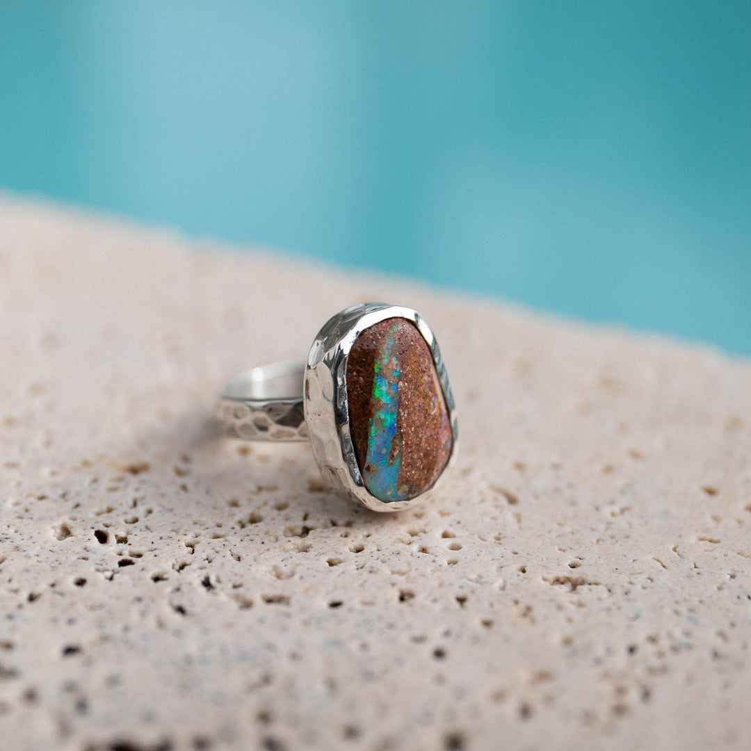 Genuine Australian Boulder Opal in Beaten Sterling Silver Style Setting  - Size 7.5 US