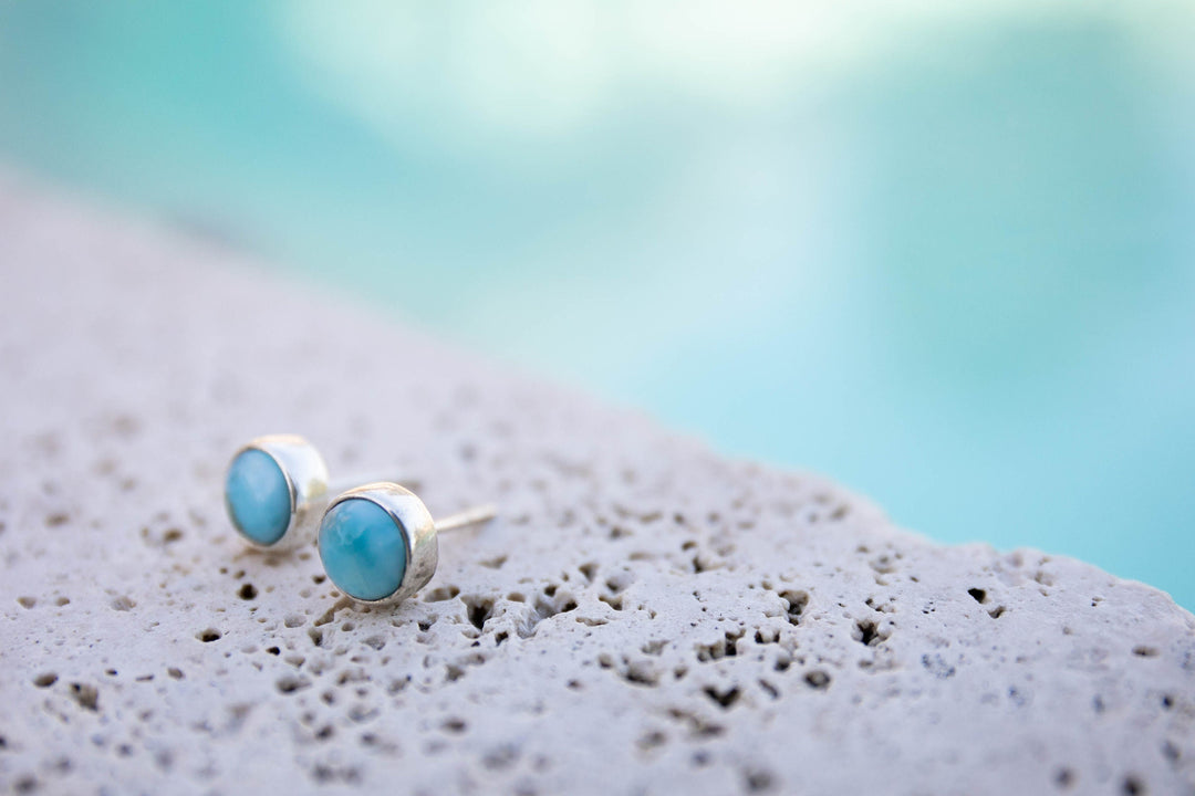 Round Larimar Stud Earrings set in Beaten 92.5% Sterling Silver