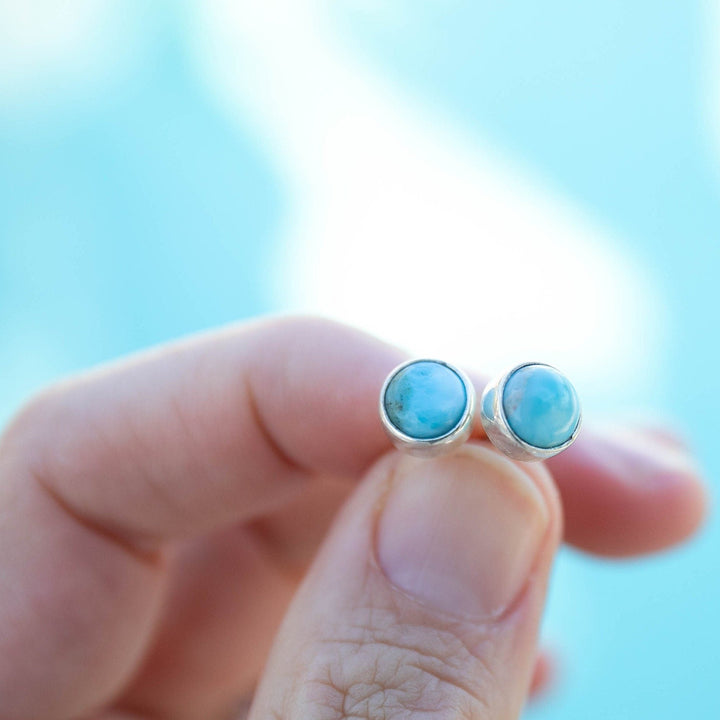 Round Larimar Stud Earrings set in Beaten 92.5% Sterling Silver