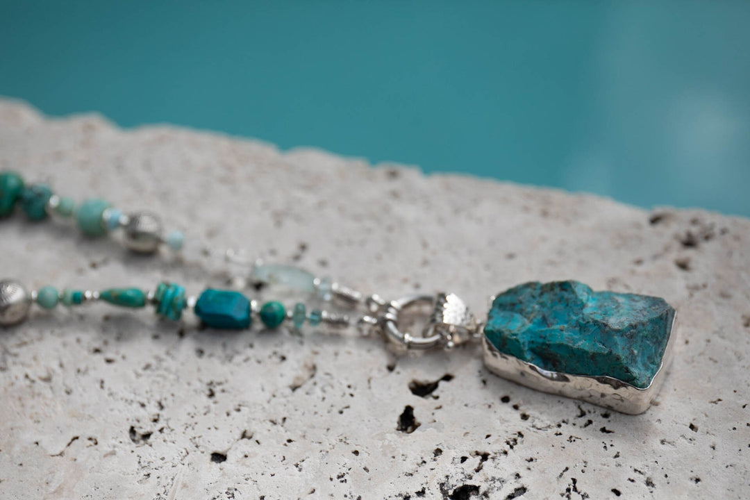 Beaded Handmade Larimar, Amazonite, Turquoise, Apatite and Crystal Necklace with Hill Tribe Silver and Raw Chrysocolla Pendant
