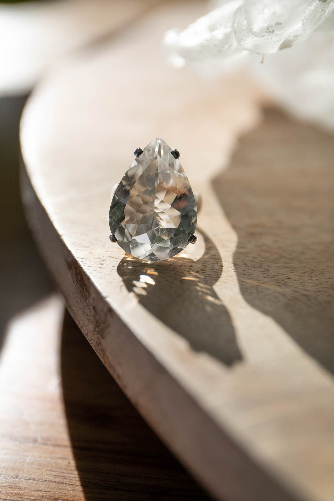 Faceted Teardrop Clear Crystal Quartz Ring set in Sterling Silver - Size 7 US