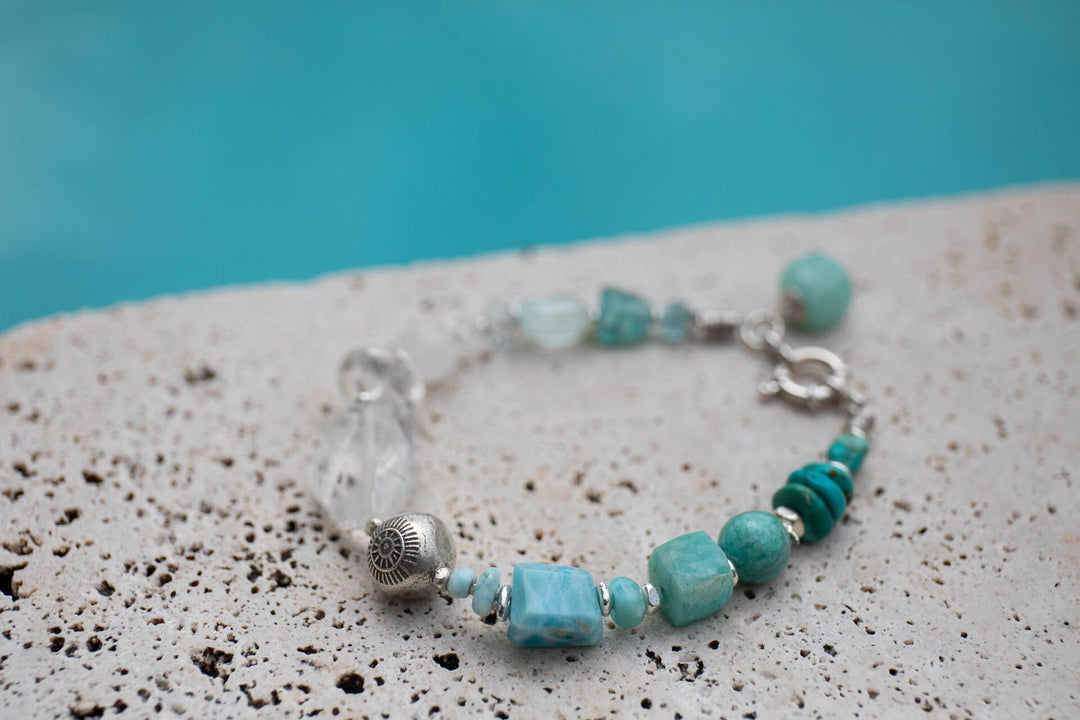 Larimar, Amazonite, Turquoise, Apatite and Crystal Bracelet with Thai Hill Tribe Silver