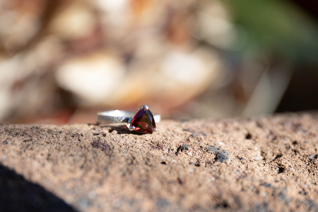 Rose Cut Garnet Ring Claw set in Sterling Silver Band - Size 7 US