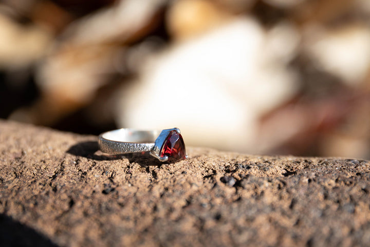 Rose Cut Garnet Ring Claw set in Sterling Silver Band - Size 7 US