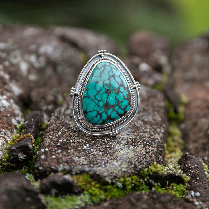Genuine Turquoise Ring set in Tribal Sterling Silver - Size 8 US