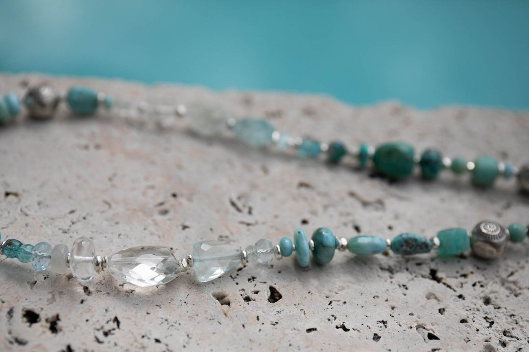 Beaded Handmade Larimar, Amazonite, Turquoise, Apatite and Crystal Necklace with Hill Tribe Silver and Raw Chrysocolla Pendant