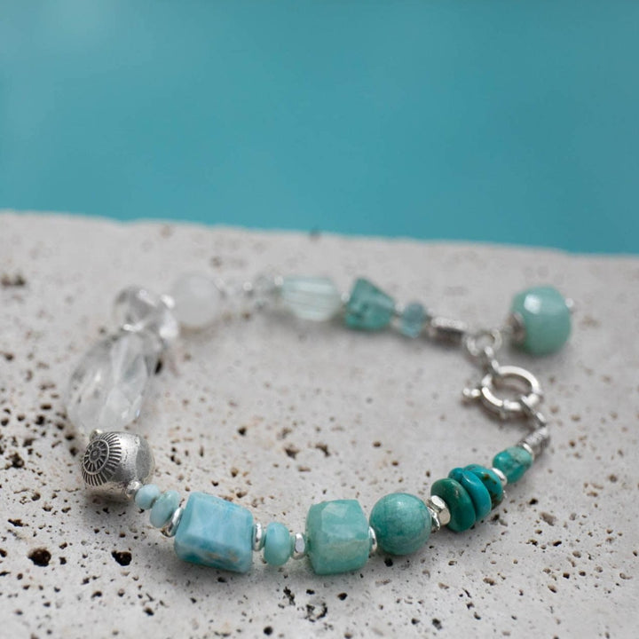 Larimar, Amazonite, Turquoise, Apatite and Crystal Bracelet with Thai Hill Tribe Silver