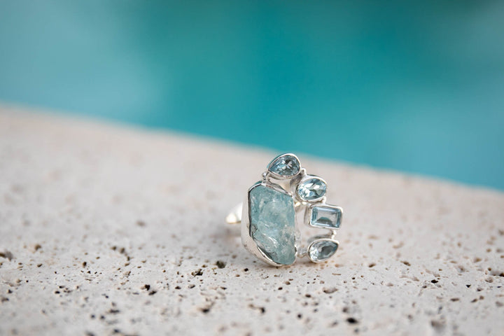 Raw Aquamarine and Faceted Topaz Ring set in 92.5% Sterling Silver - Size 9 US
