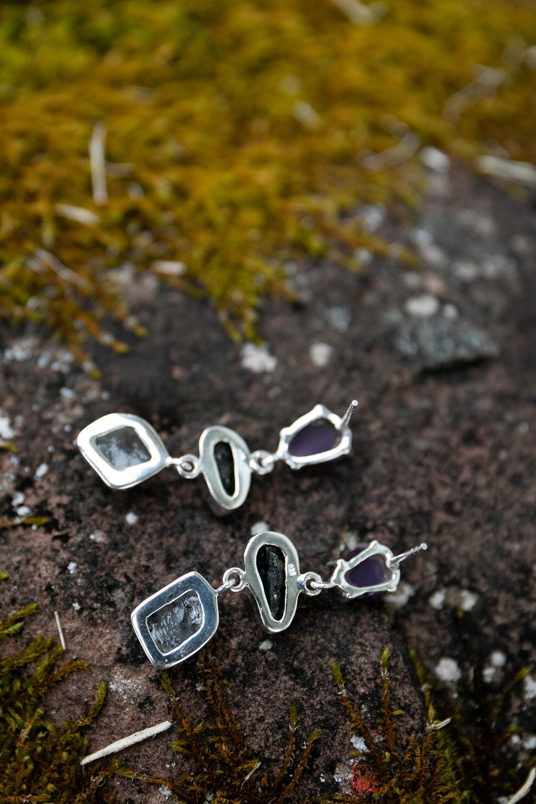 Triple Drop Amethyst, Diopside and Aquamarine Stud Earrings in Sterling Silver